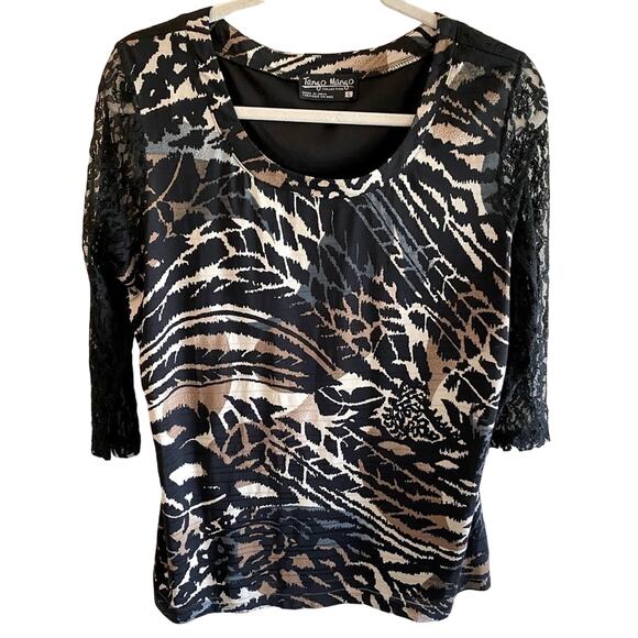 Tango Mango Black Patterned 3/4 Sleeve Lace Back Sheer Sleeves Blouse Size L - Picture 1 of 6